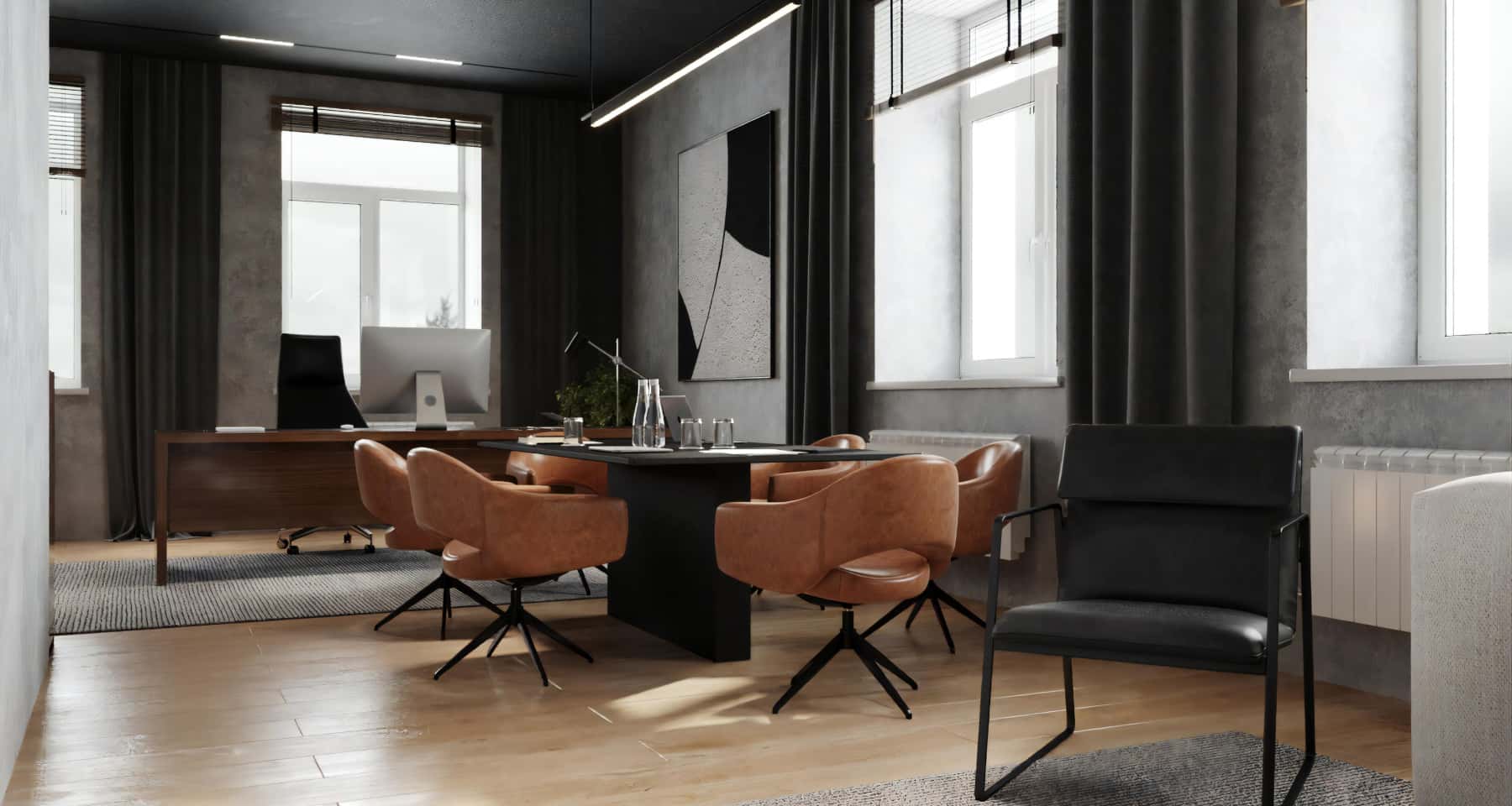 Етапи ремонту офісу під ключ: елегантний кабінет керівника з панорамними вікнами.