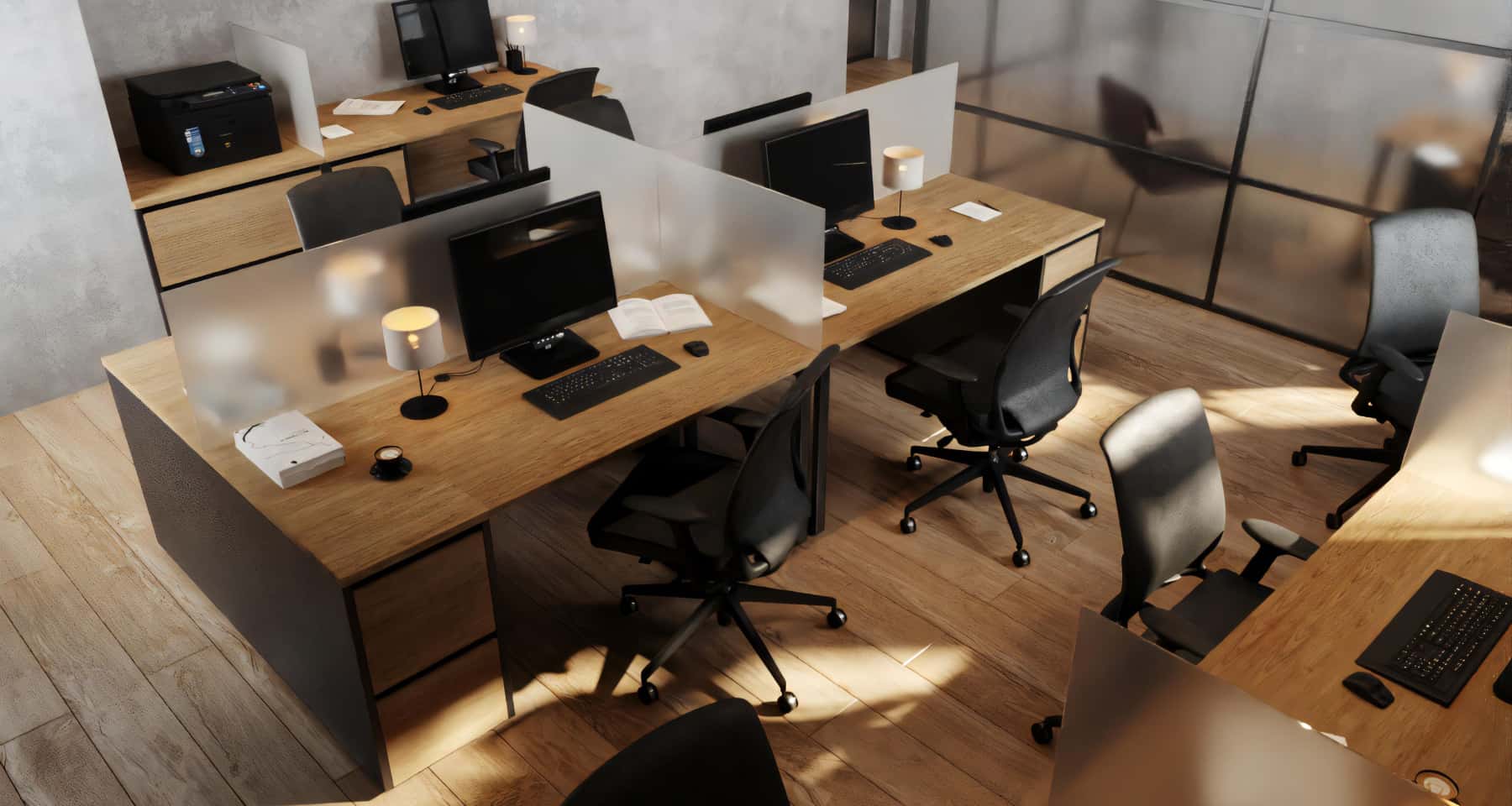 Сучасний офіс: якісне оздоблення стін і освітлення після ремонту під ключ.