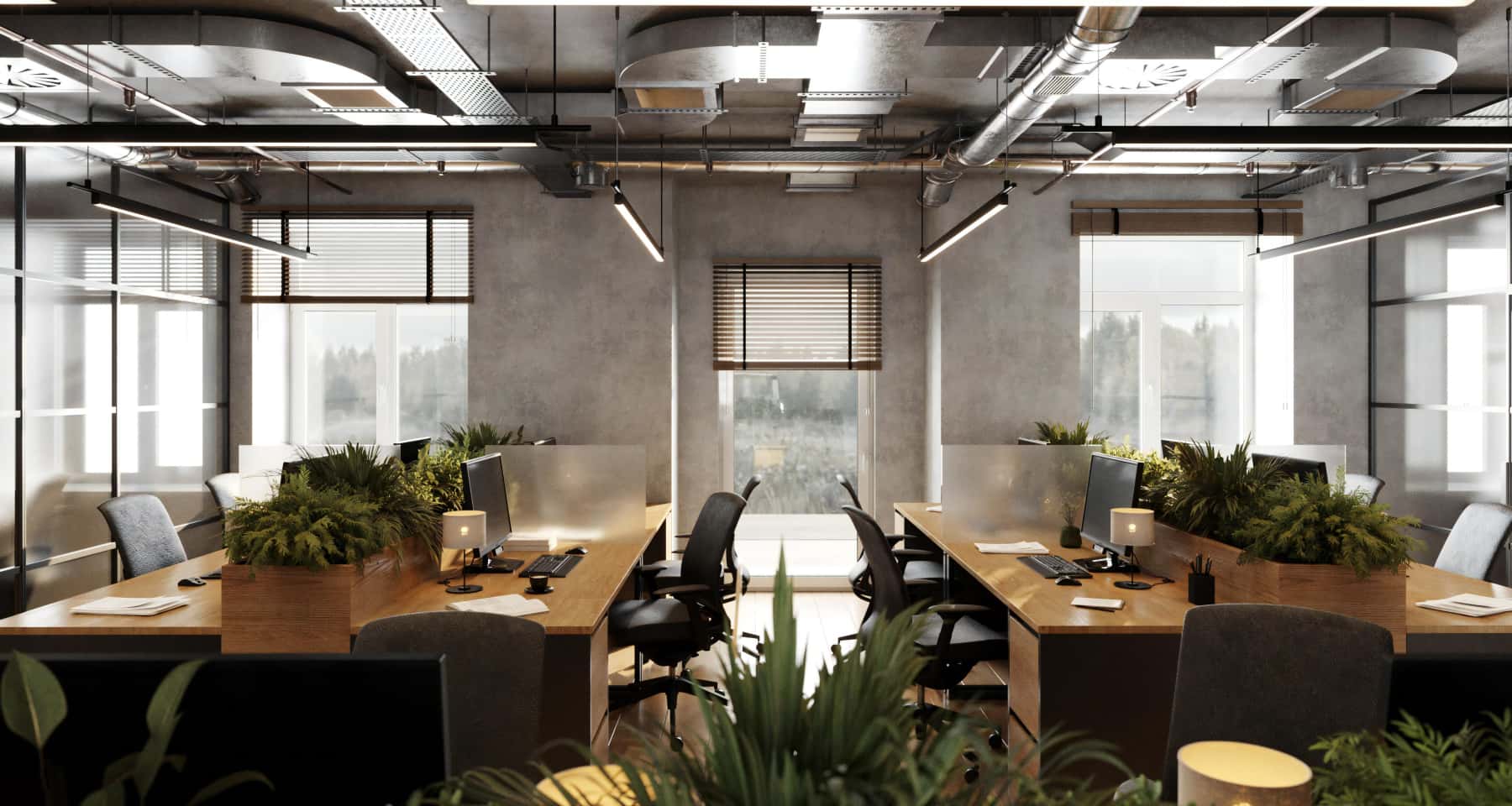 Лофт і мінімалізм Сучасний функціональний дизайн офісу, що поєднує лофт та мінімалізм у 2026.