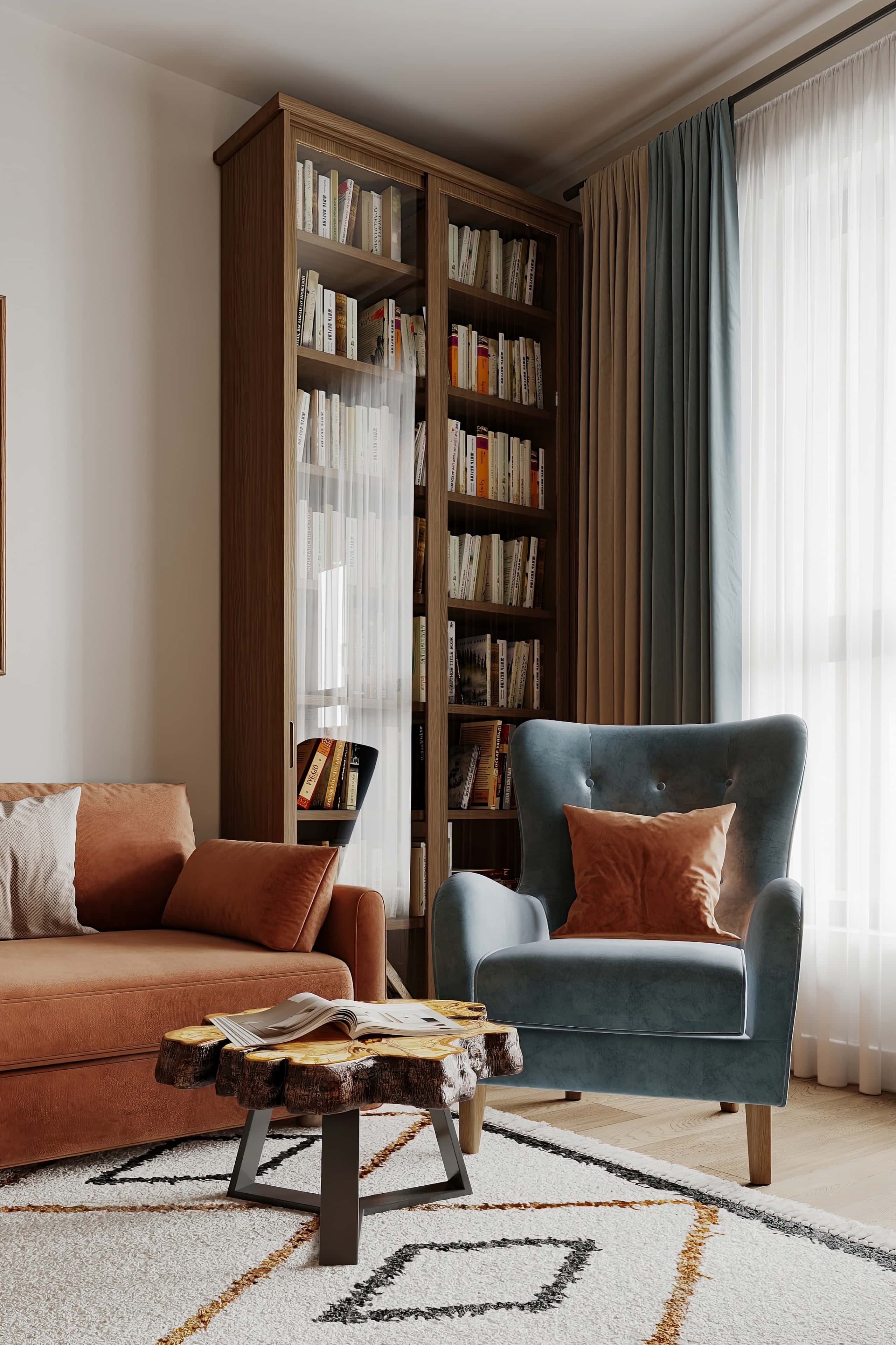 Інтер'єр квартири 32 м² в ЖК «Хедлайнер» з акцентом на природні матеріали.