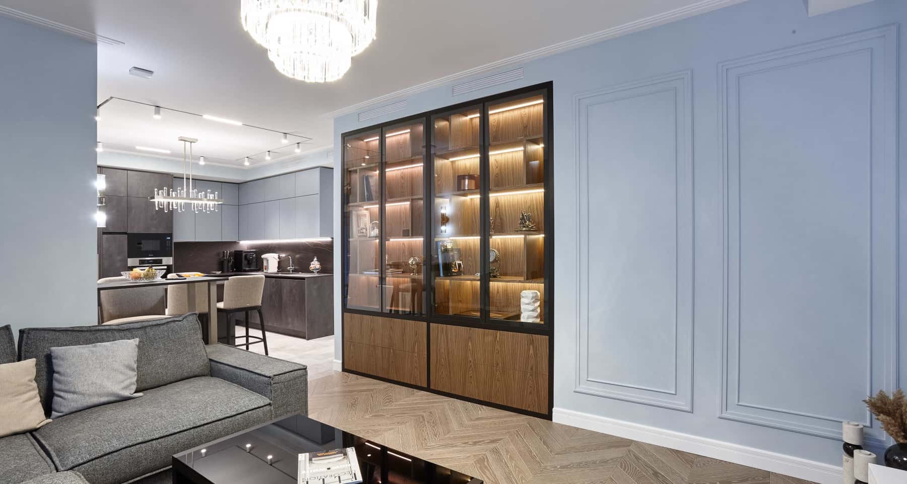 Дизайн квартири-студії 95 м² в Києві з натуральними матеріалами та неокласичним стилем.