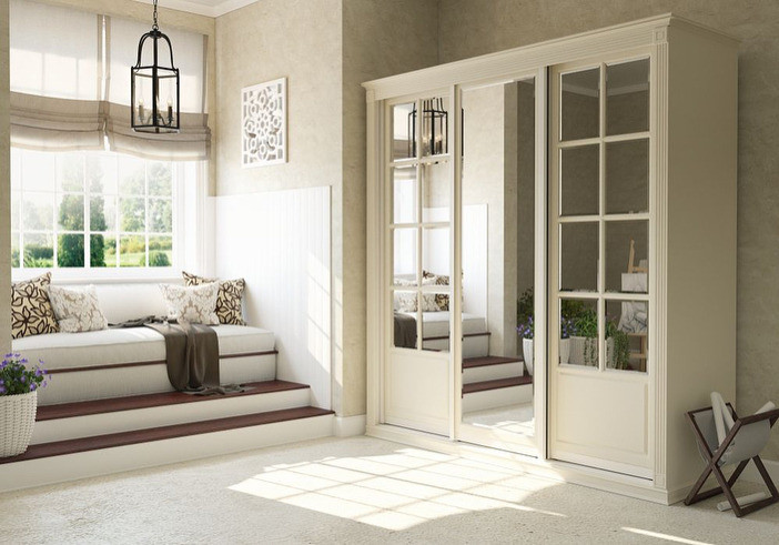 Кутова шафа-купе в спальні Елегантна кутова шафа-купе в інтер'єрі спальні: зручне зберігання та затишок, дизайн 2026.