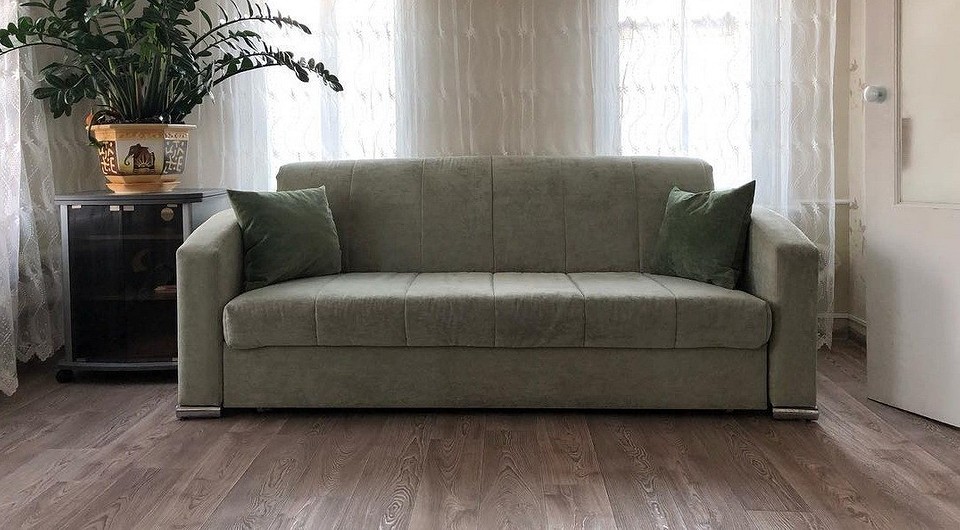 Елегантний диван акордеон з дерев'яними підлокітниками для затишної вітальні.