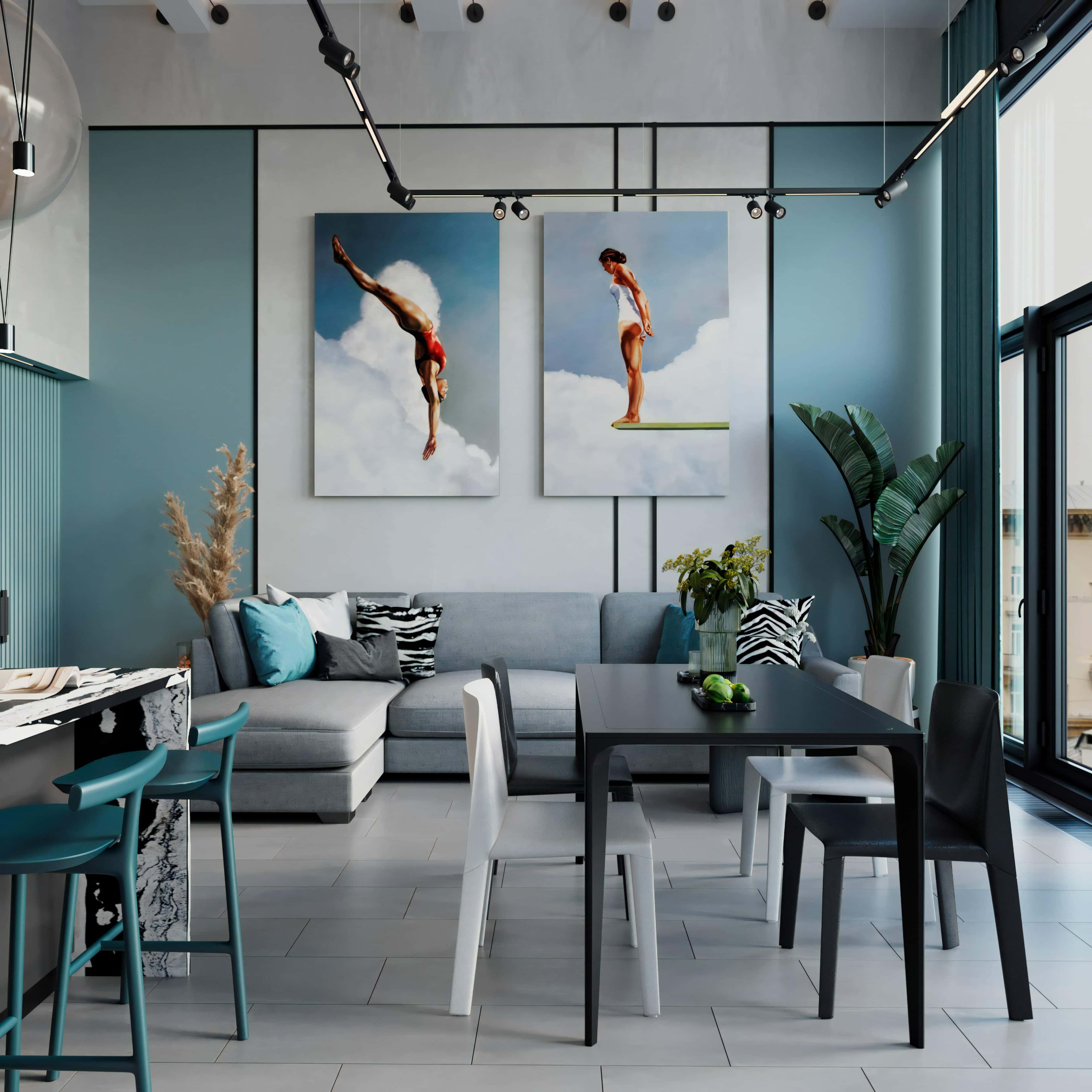 Інтер'єр маленької квартири: кухня в стилі лофт з бірюзовими акцентами