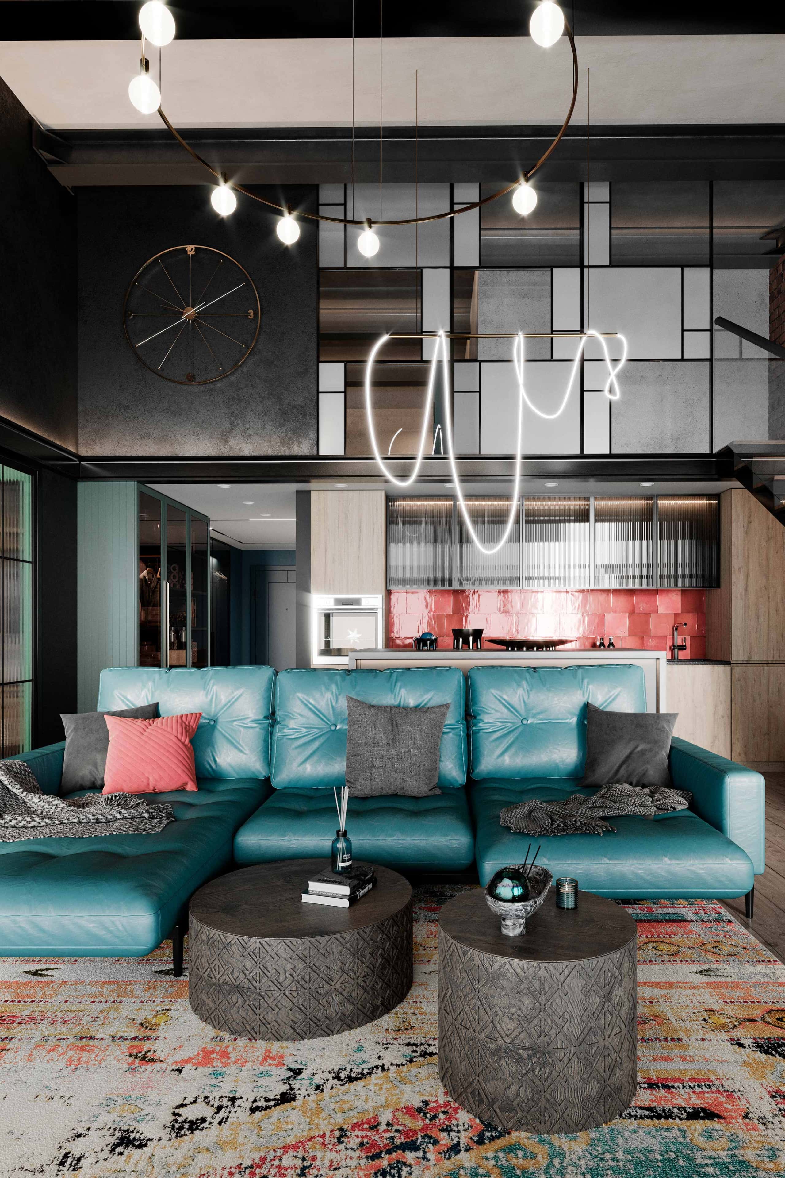 Ергономічний дизайн кухні в стилі лофт з бірюзовими елементами для 2026