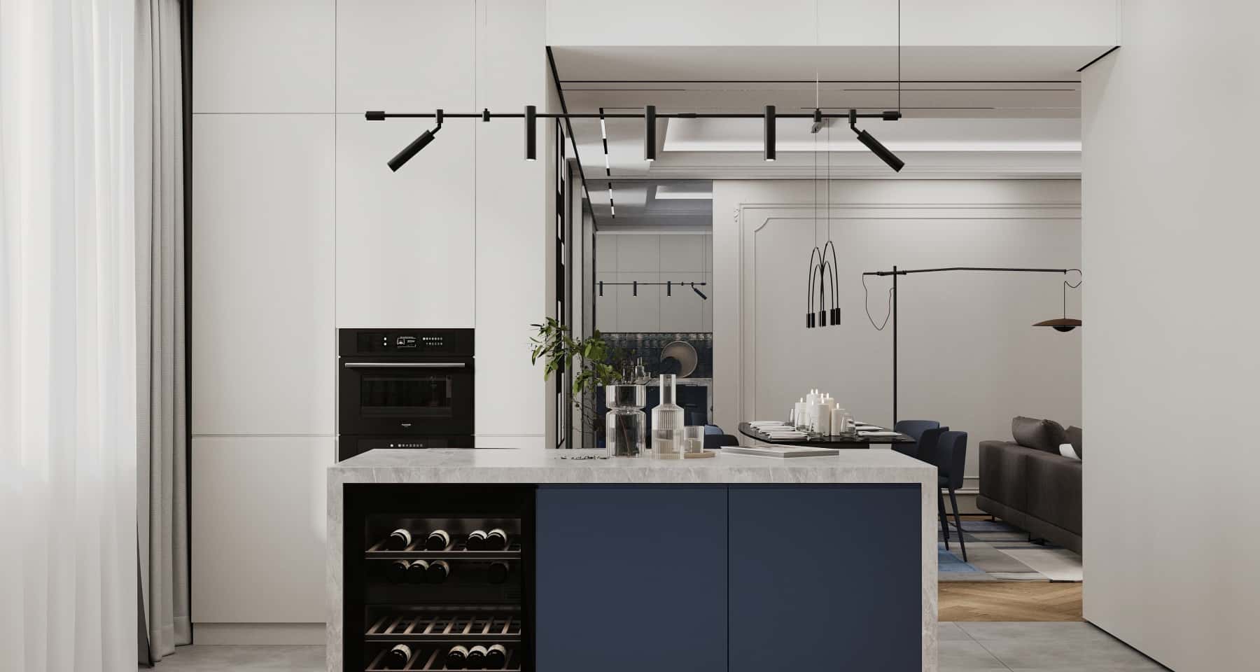 Дизайн інтер'єру 2026: бірюзово-біла кухня з ергономічним освітленням