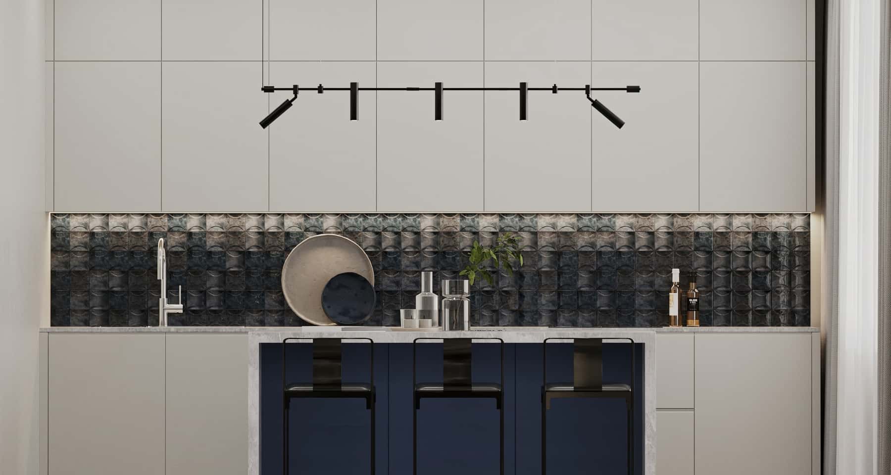 Бірюзово-біла кухня в стилі лофт, дизайн інтер'єру 2026, ергономіка