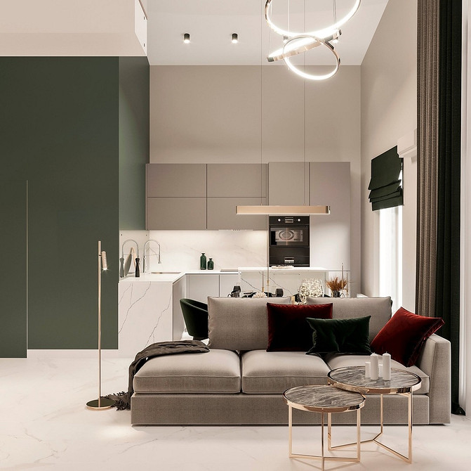 Невеликий коричневий диван у дитячій ігровій кімнаті, адаптований під кухню