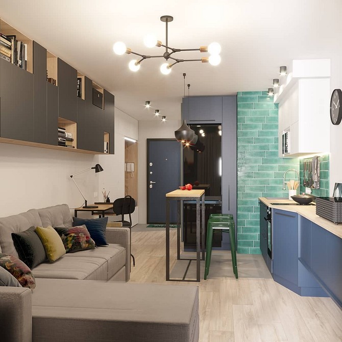 Скандинавський стиль: коричневий диван на кухні з білими стінами та мінімальним декором