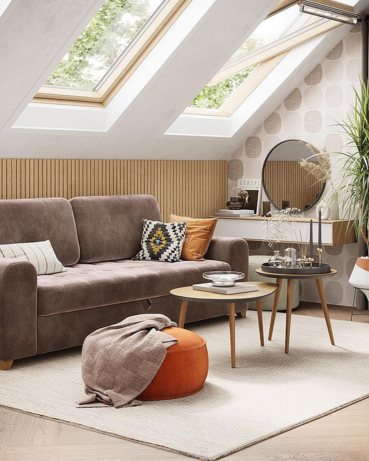 Коричневий велюровий диван у світлій вітальні в скандинавському стилі, затишний інтер'єр