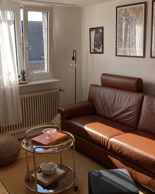 Шкіряний диван незвичайного кольору в оригінальному інтер'єрі вітальні з декором.