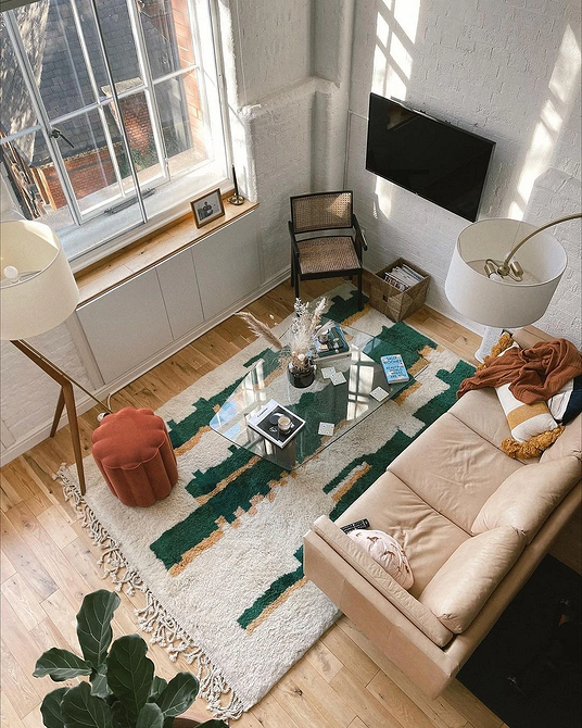 Шкіряний диван незвичайного кольору в сучасному інтер'єрі вітальні, дизайнерські меблі.