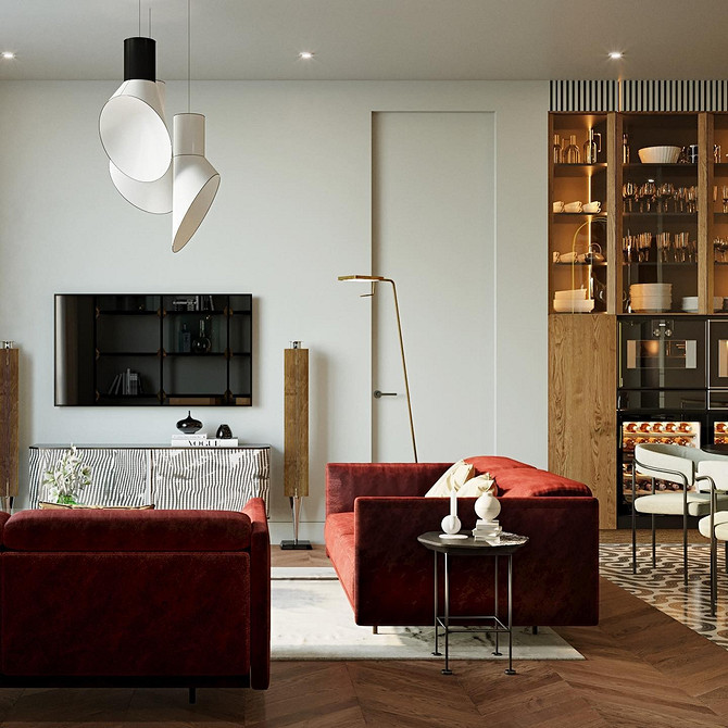 Червоний диван в інтер'єрі з бежевими стінами: гармонійне поєднання кольорів та затишок.