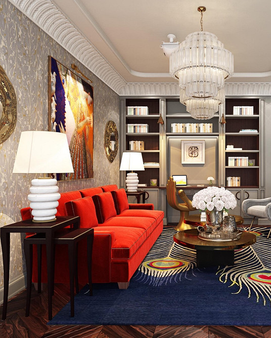 Червоний диван у вітальні з бежевими стінами: гармонійне поєднання кольорів та затишок.