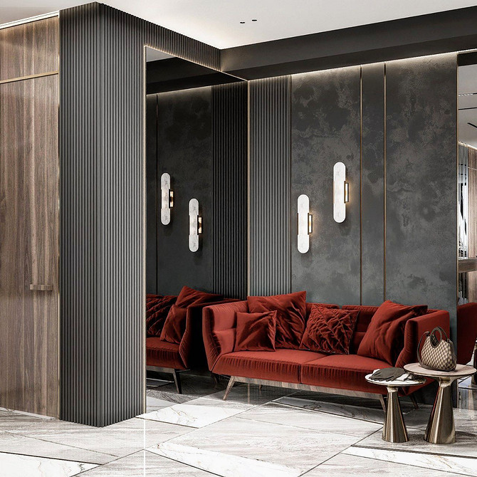 Сірі стіни, дерев'яні елементи та червоний диван у сучасному інтер'єрі