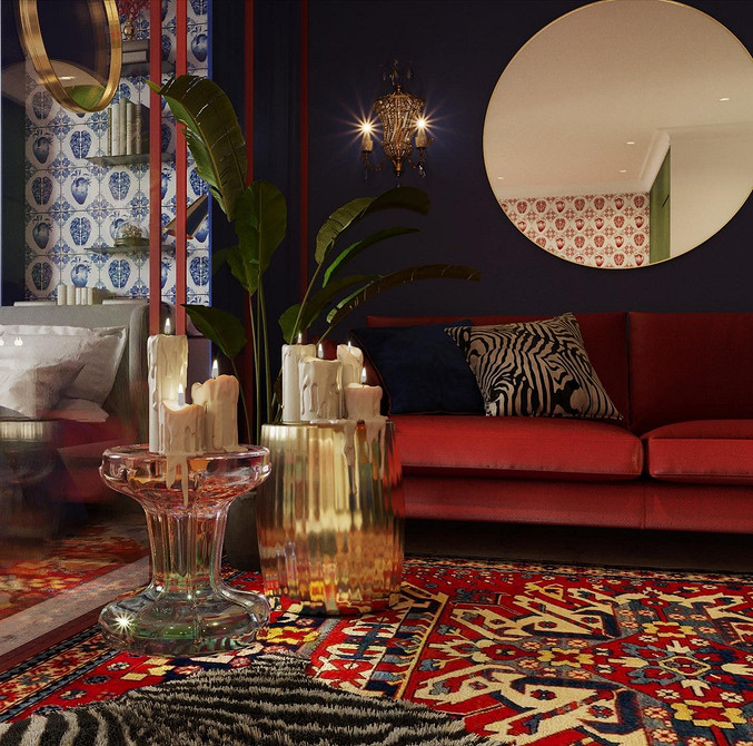 Поєднання кольорів: червоний диван як акцент в інтер'єрі вітальні.