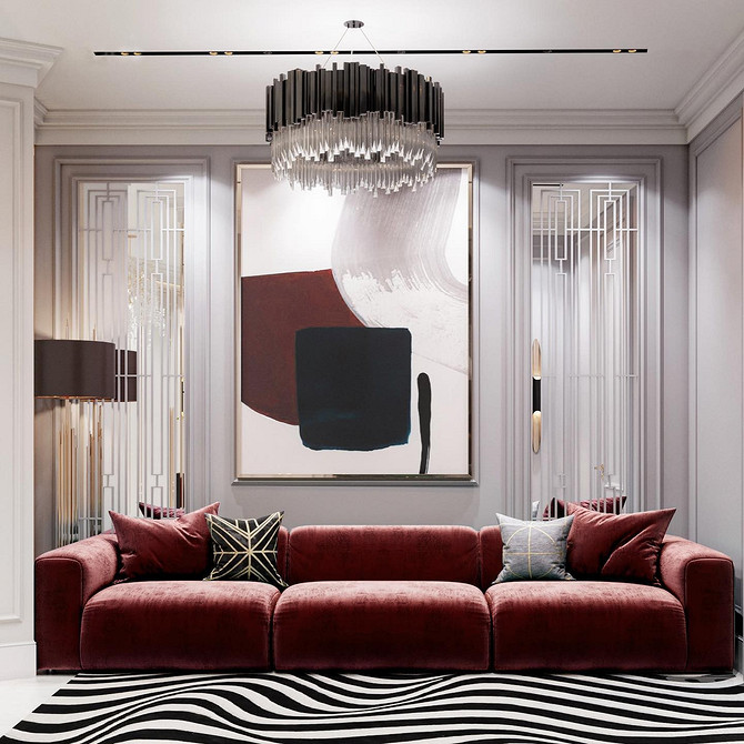 Дизайн вітальні: сучасний інтер'єр з червоним диваном та нейтральними кольорами.