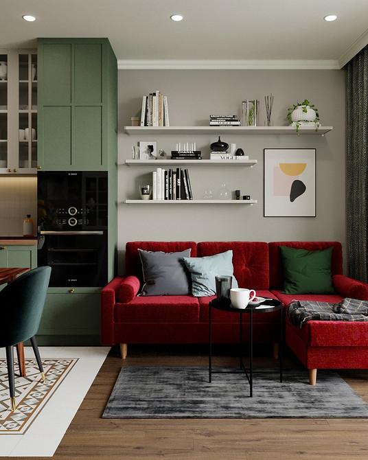 Червоний диван у мінімалістичному інтер'єрі: стильний акцент на лаконічному дизайні.