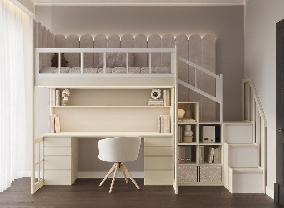 Ліжко-горище з вбудованими шафками та полицями для зберігання речей.