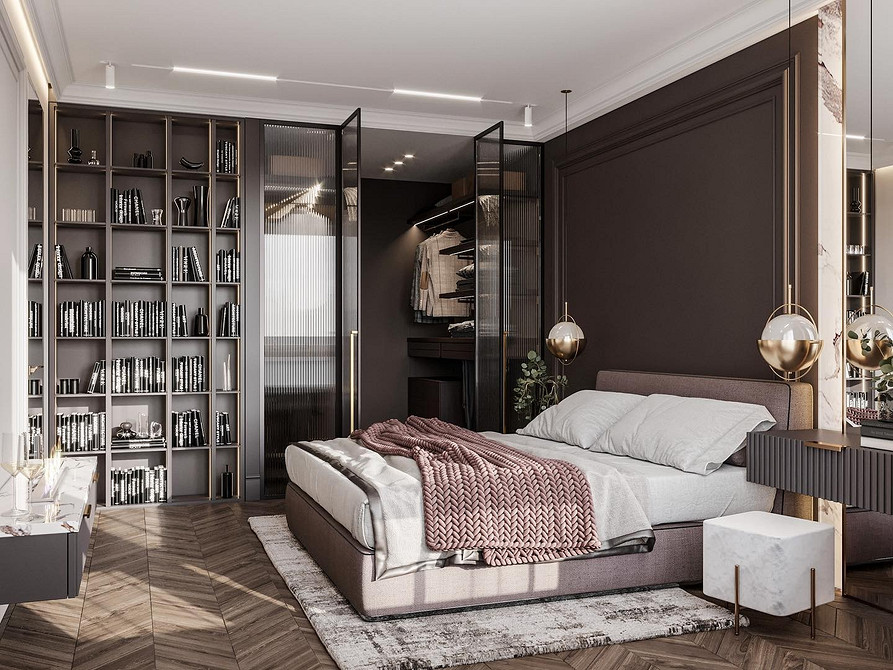 Гармонійна спальня з ліжком з м'якою спинкою та тумбочками в єдиному стилі.