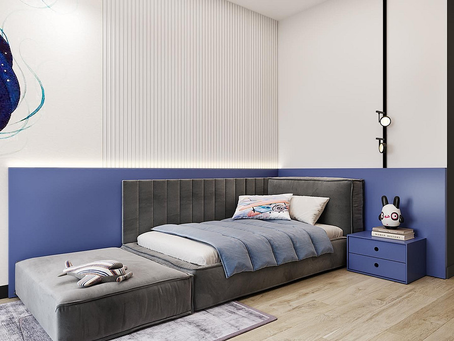 Інтер'єр спальні з м'яким ліжком та пухнастим килимом, модні тенденції 2026.