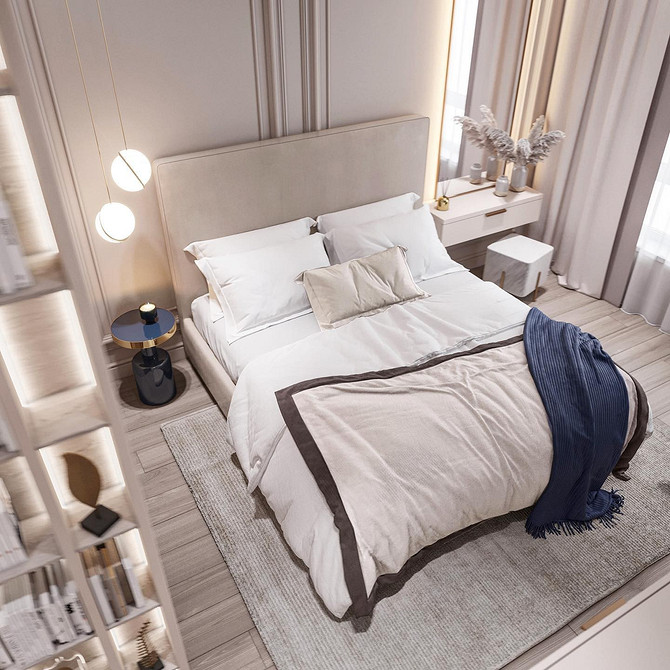 Ліжко з м'якою спинкою з екошкіри в сучасному інтер'єрі стильної спальні.