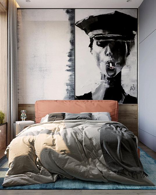 Елегантна м'яка спинка ліжка з велюровою оббивкою глибокого синього кольору.