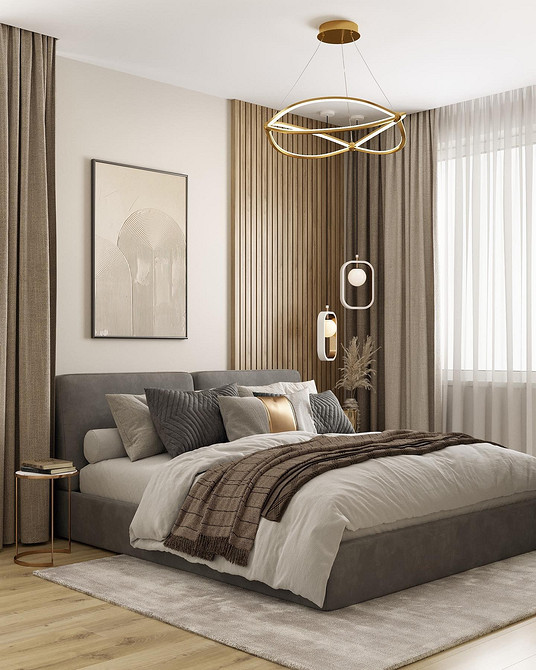 Сучасне ліжко з м'яким узголів'ям, оббитим тканиною. Стильний дизайн спальні.