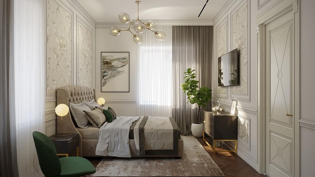 Затишна спальня з високим м'яким узголів'ям та приліжковими тумбочками.