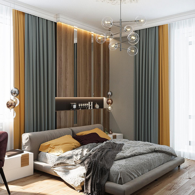 Мінімалістичний дизайн спальні з ліжком з м'яким узголів'ям: сучасний інтер'єр.