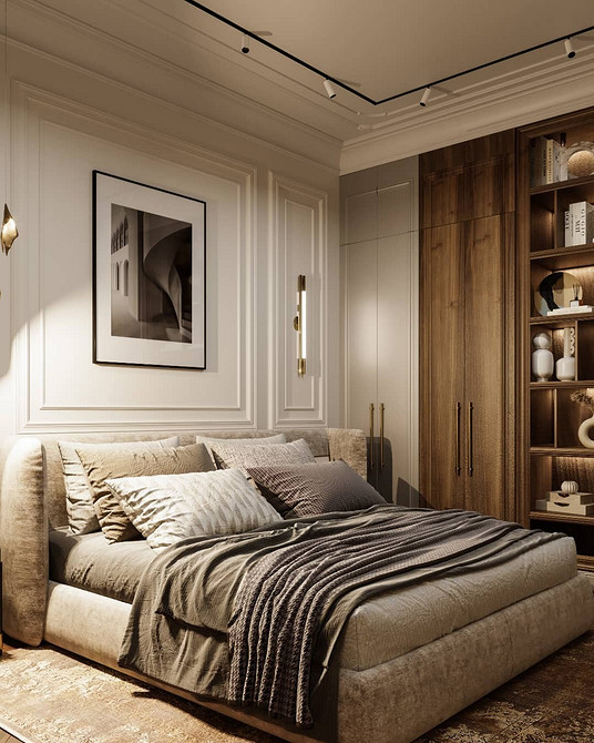 Сучасна спальня з сірим ліжком та м'яким узголів'ям у мінімалістичному стилі.