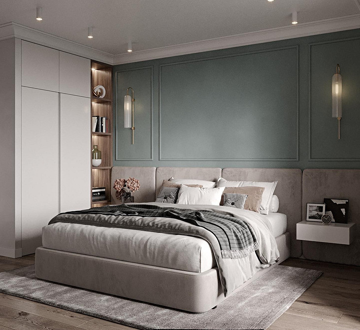 Мінімалістична спальня з ліжком з м'яким узголів'ям у нейтральній колірній гамі.