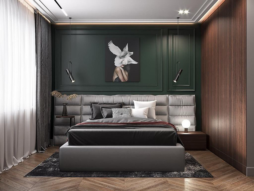 Вишукане ліжко з м'якою спинкою, оббитою оксамитом, в елегантній спальні.