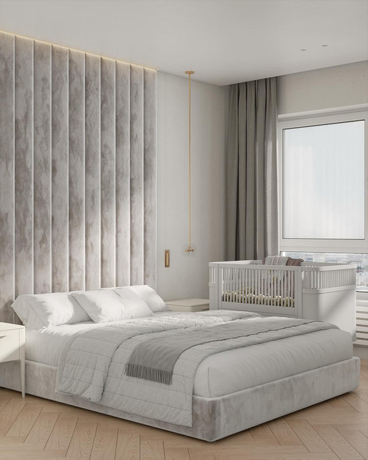 Ліжко з м'якою оббивкою та стильною тумбочкою поряд - дизайн спальні 2026.