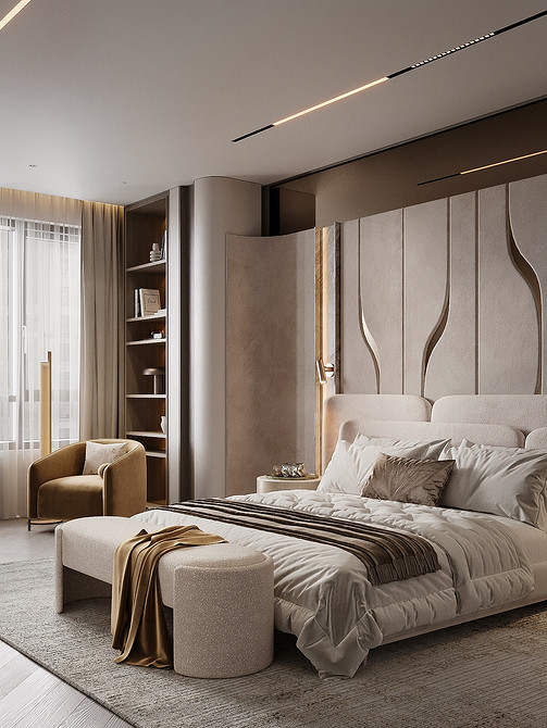 Сучасний дизайн спальні 2026 з м'яким ліжком та дерев'яними панелями на стіні.