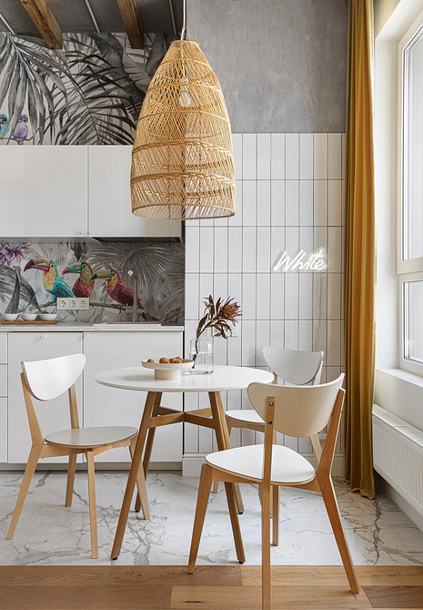 Круглий стіл: сучасний дизайн Сучасний круглий стіл з дерев'яною стільницею у світлій кухні-вітальні 2026.