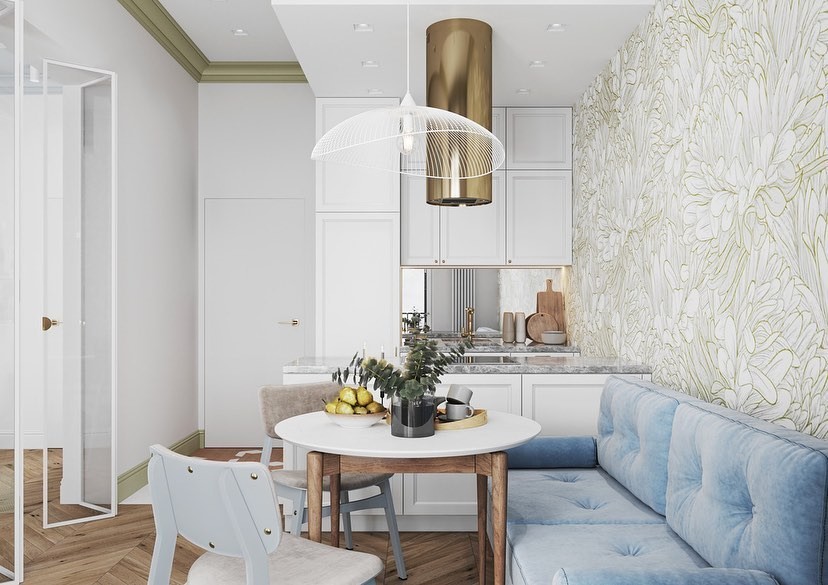 Класика: вишуканість Класичний інтер'єр кухні з круглим столом та вишуканими декоративними деталями.