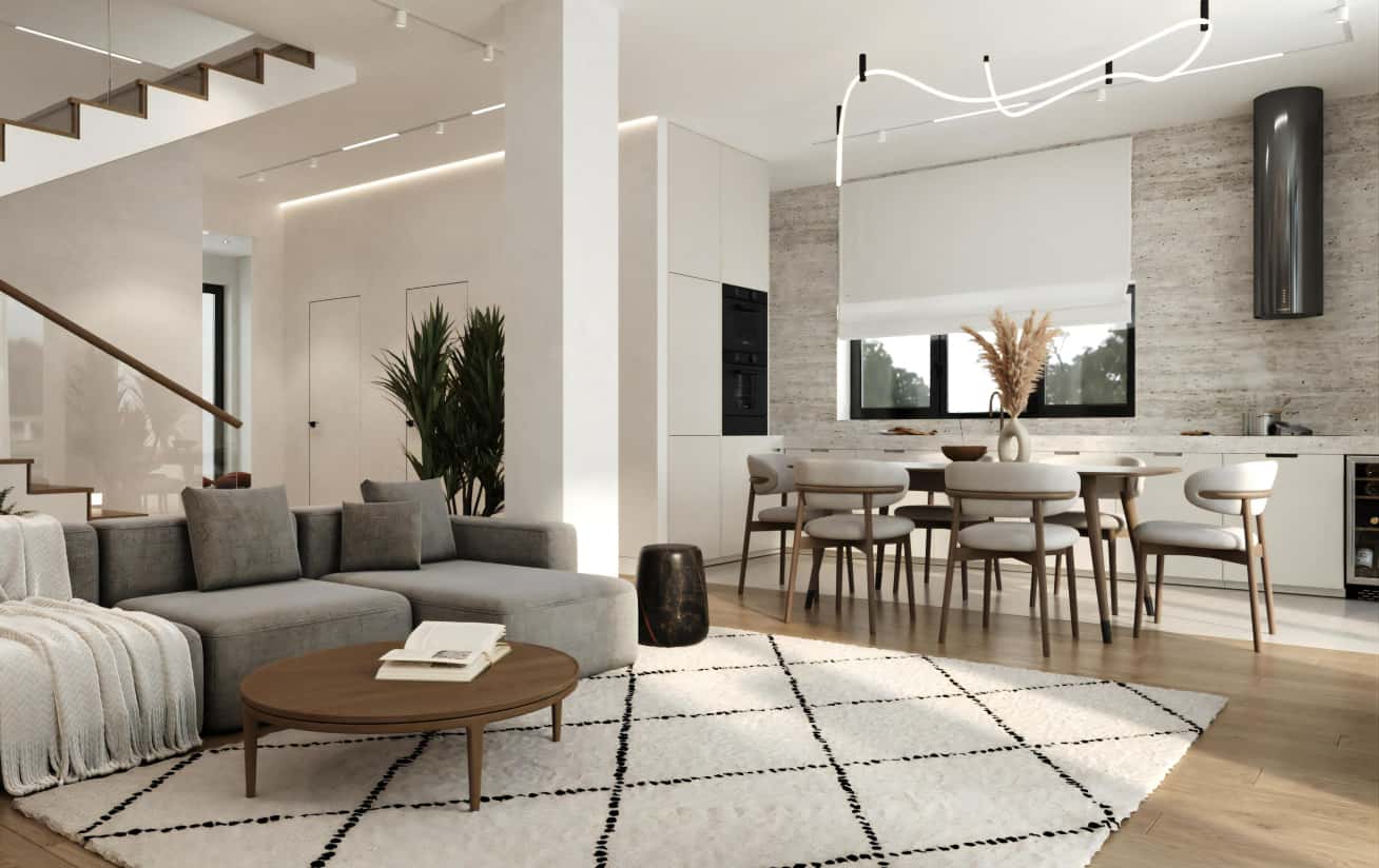 Світлий інтер'єр будинку з акцентом на природні матеріали для затишної атмосфери.