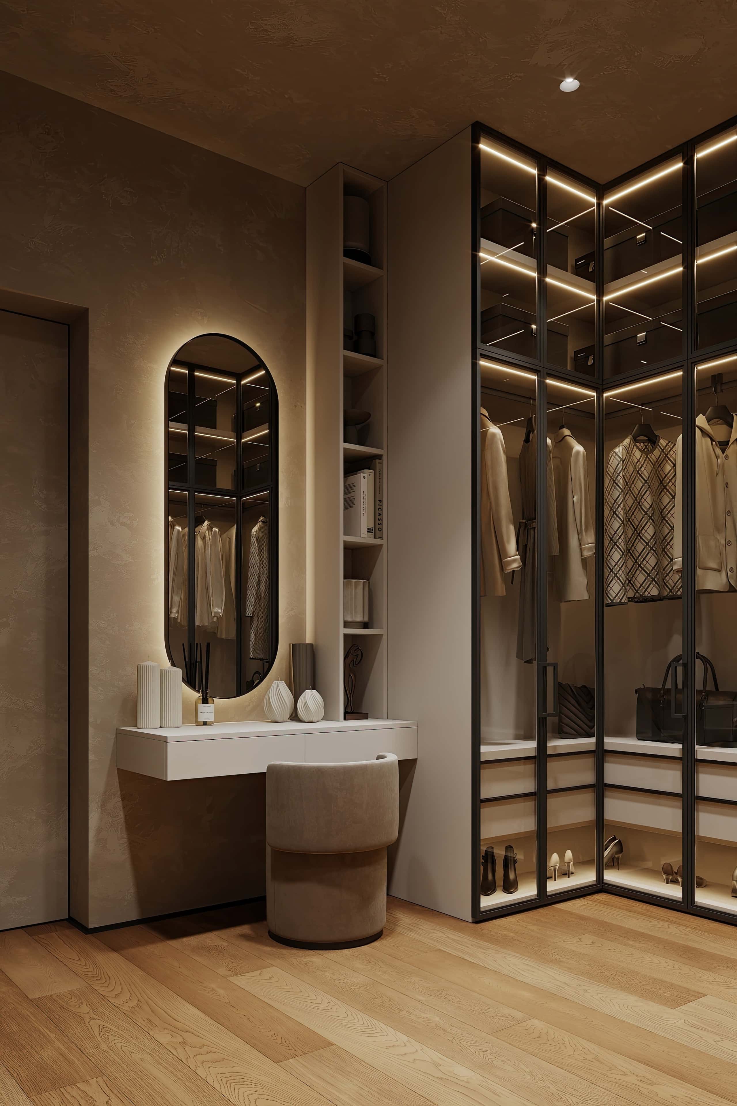 Сучасний інтер'єр вітальні з великим диваном та панорамними вікнами.