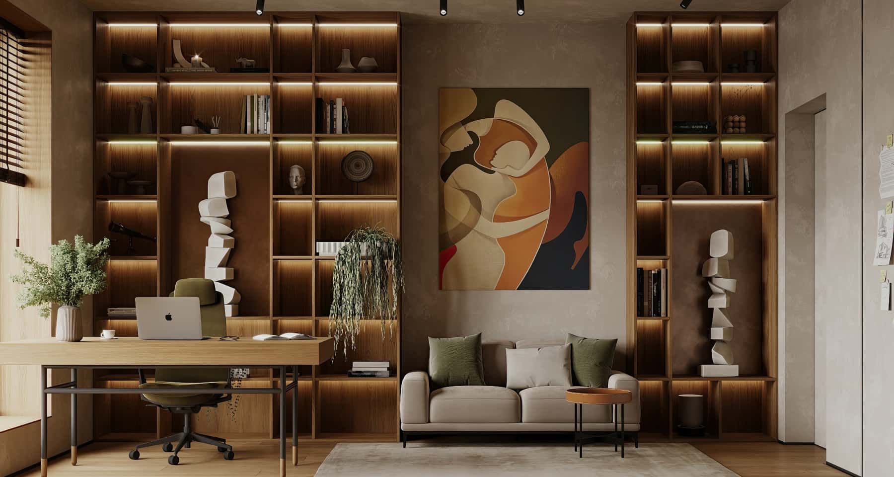 Інтер'єр коридору в сучасному будинку, функціональні меблі та освітлення.