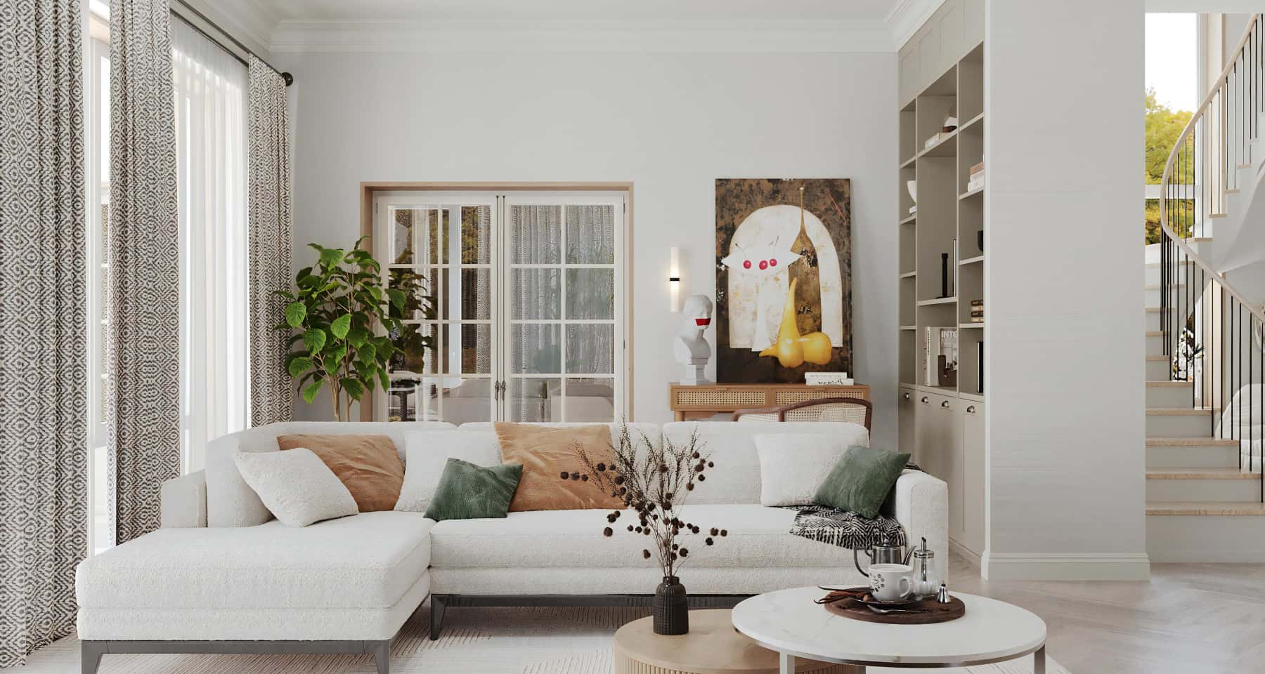 Мінімалістичний дизайн спальні з панорамними вікнами в заміському будинку, спокій та релакс.