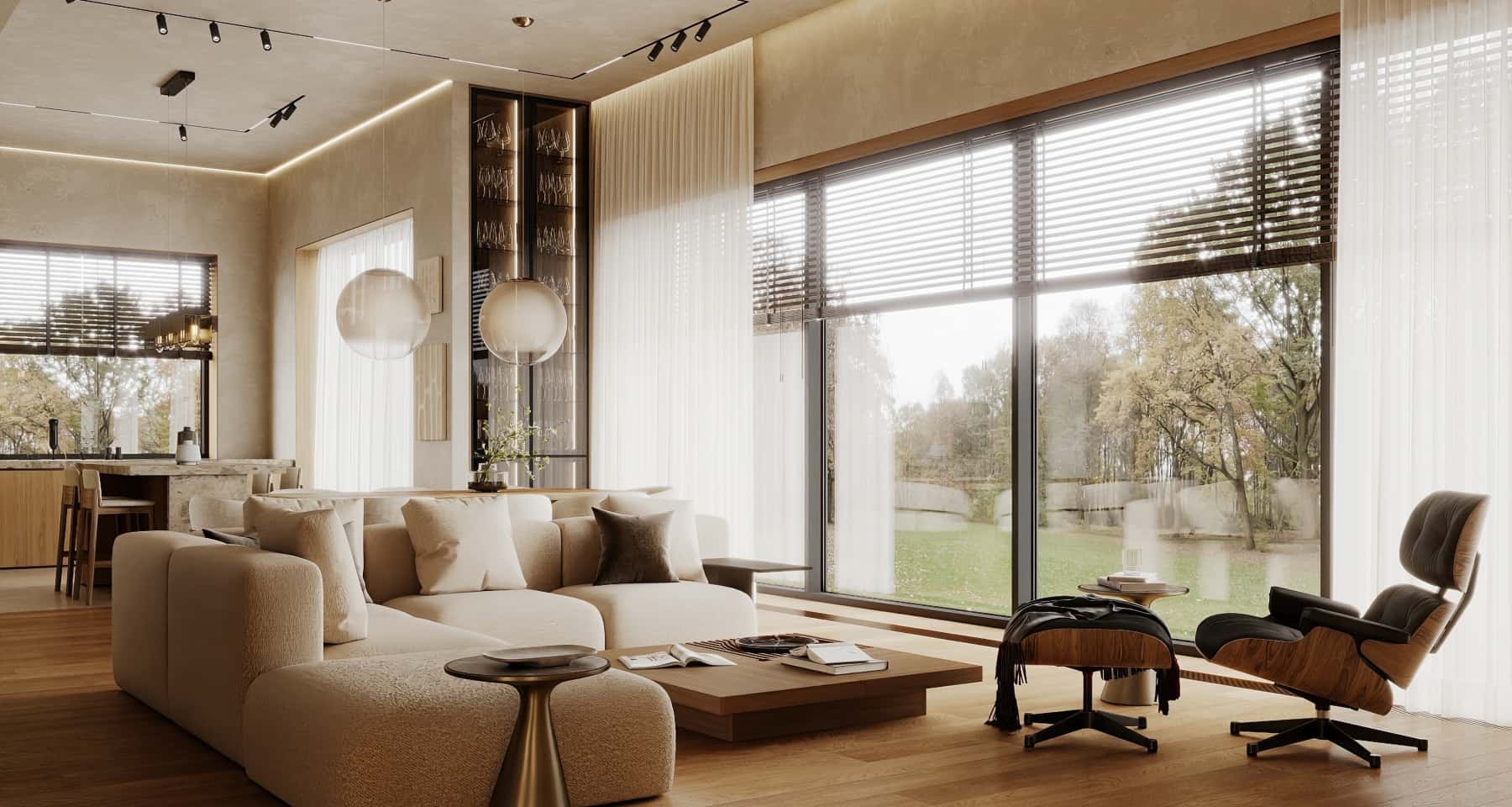 Інтер'єр спальні для батьків у сучасному будинку, мінімалізм та світлі тони.