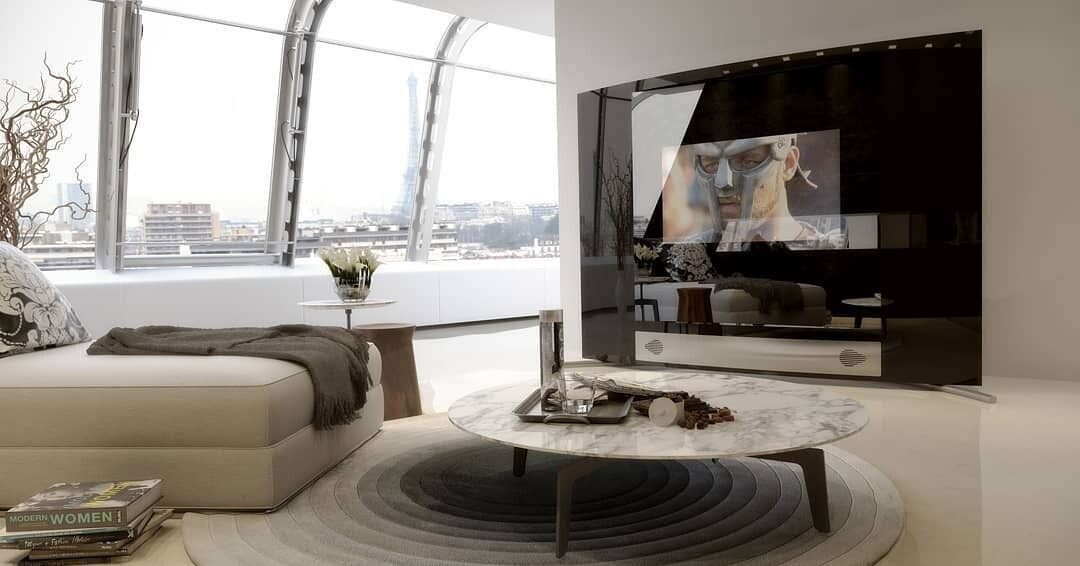 Інтегрований телевізор у нішу з декоративною штукатуркою та елементами декору.