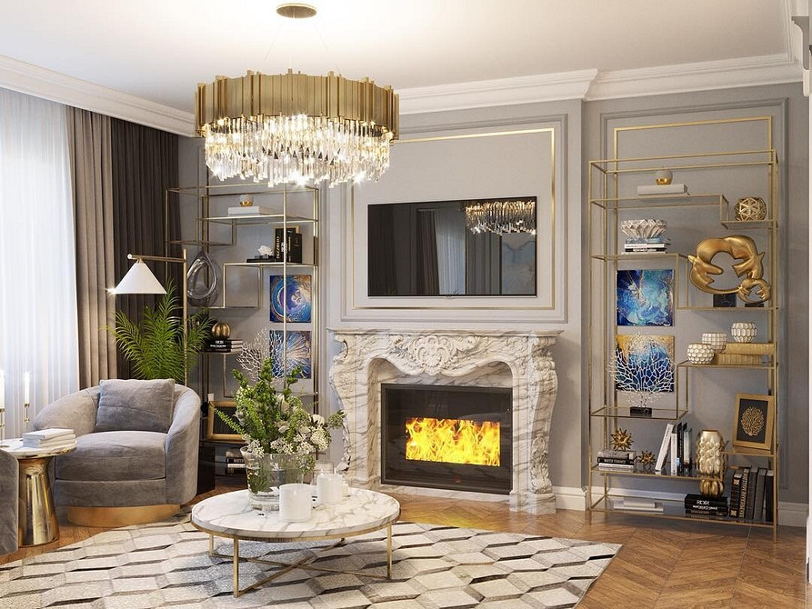 Вбудований телевізор у нішу з відкритими полицями для зберігання речей.