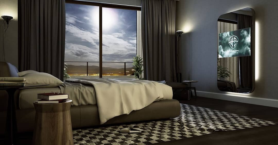 Елегантна ніша для телевізора з каменю та підсвічуванням у сучасній вітальні