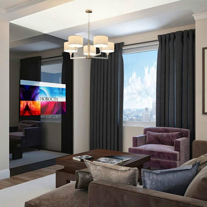 Мінімалістична ніша для телевізора з дерев'яними полицями в маленькій вітальні