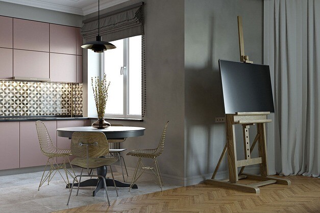 Стильна ніша для телевізора в темних тонах з акцентним освітленням та декором.