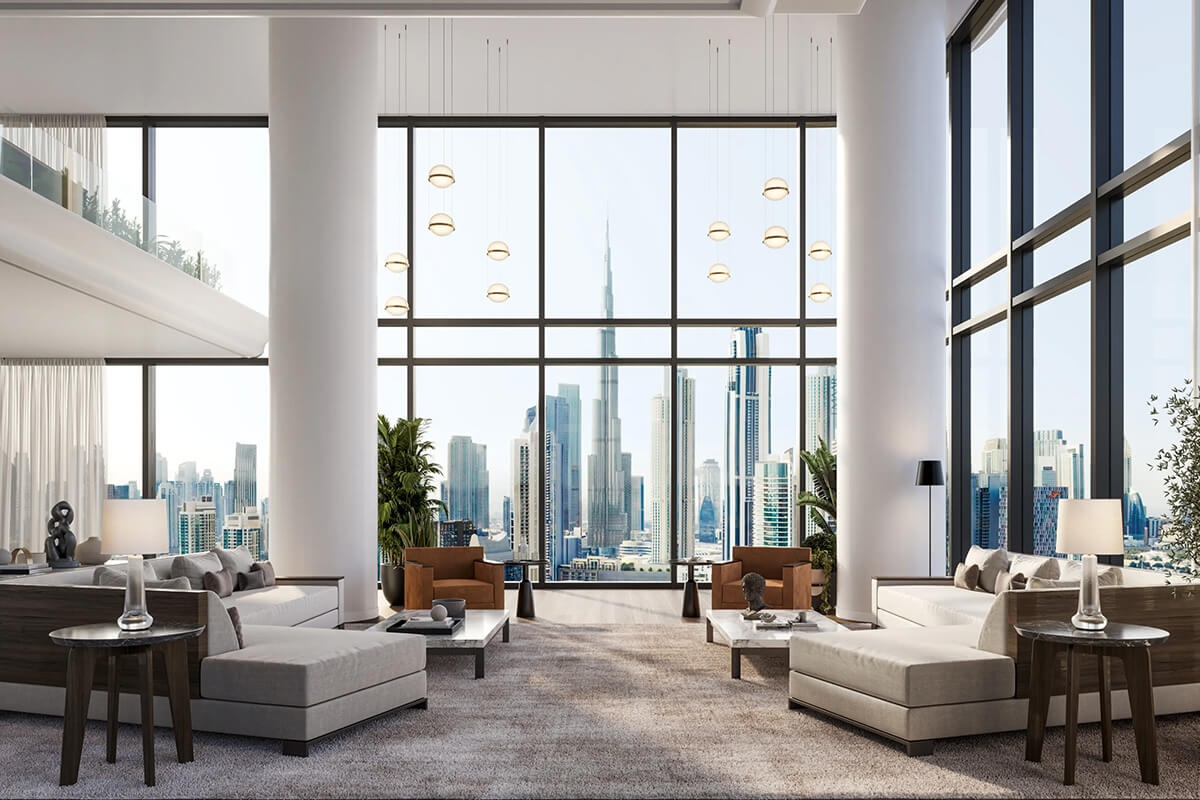 Інтер'єр квартири в Дубаї Сучасний дизайн інтер'єру квартири в Дубаї з панорамними вікнами та мінімалізмом