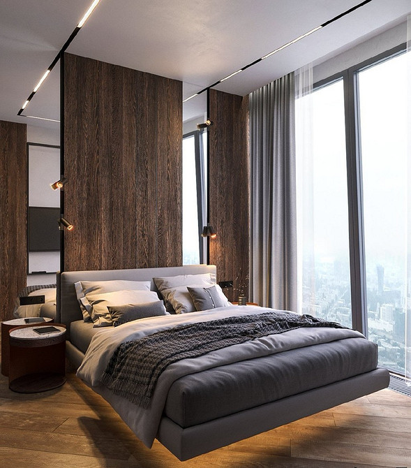 Спальня з парячим ліжком біля великого вікна з видом на місто, дизайн 2026.