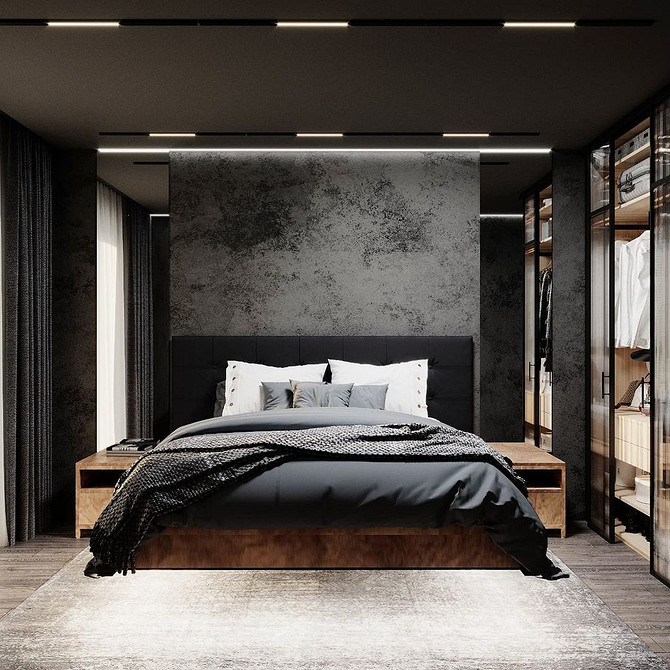 Елегантна спальня з парячим ліжком, темними стінами та акцентним освітленням, 2026 рік.